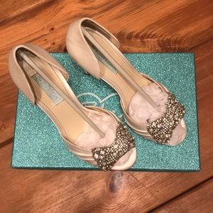 Betsy Johnson White Satin & Reinstone  Heels